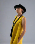Woman Wearing Linen Dress Midi A Line Pockets Made in Italy Yellow - Dress LUXAMORE