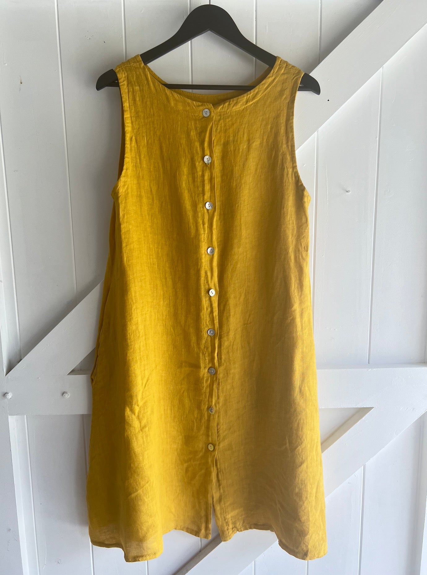 Woman Wearing Linen Dress Midi A Line Pockets Made in Italy Yellow - Dress LUXAMORE