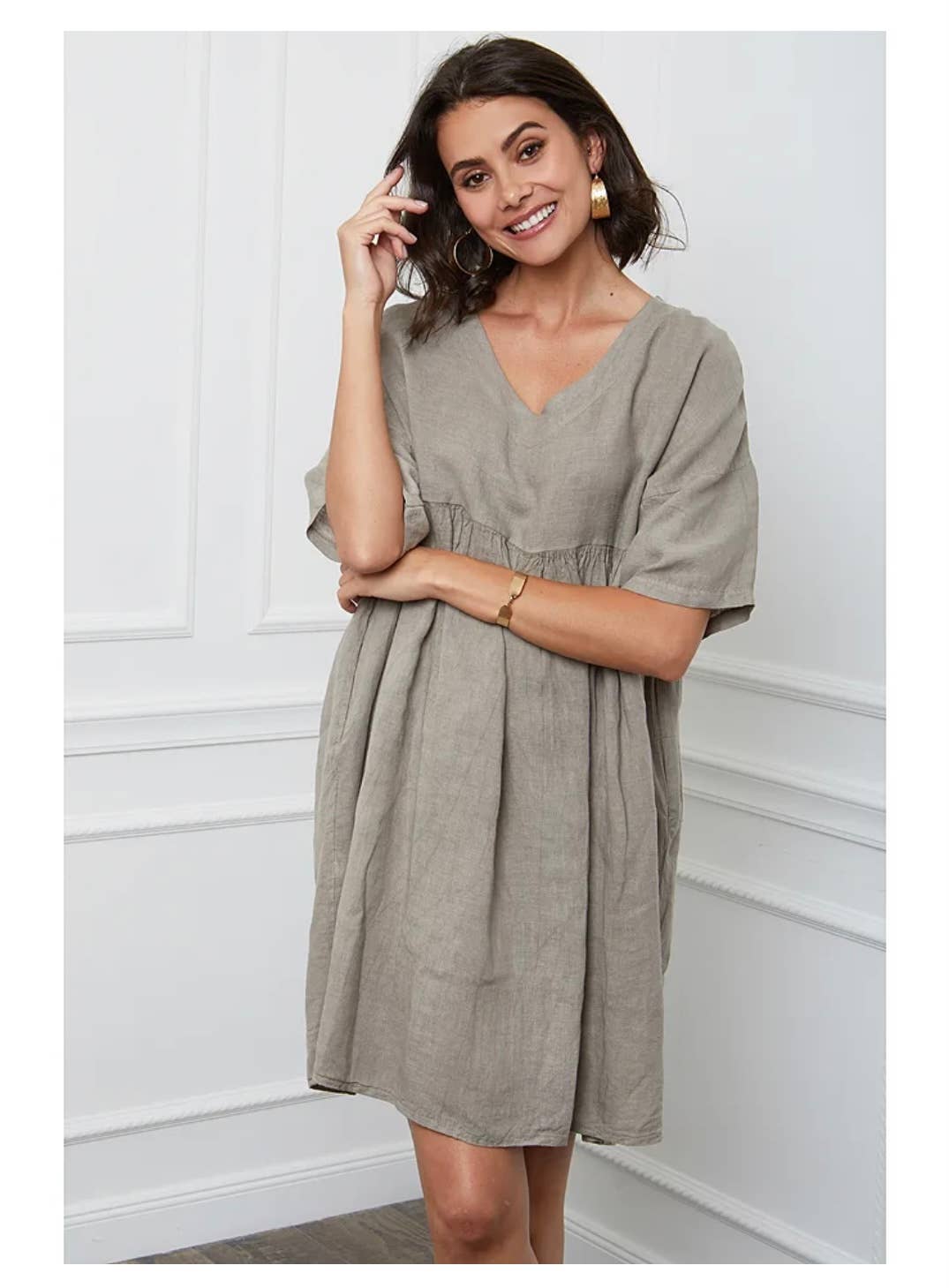 woman wearing Linen Dress Mini Babydoll Made in Italy - Taupe LUXAMORE 