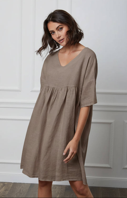 woman wearing Linen Dress Mini Babydoll Made in Italy - Taupe LUXAMORE 