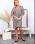 woman wearing Linen Dress Mini Babydoll Made in Italy - Taupe LUXAMORE 