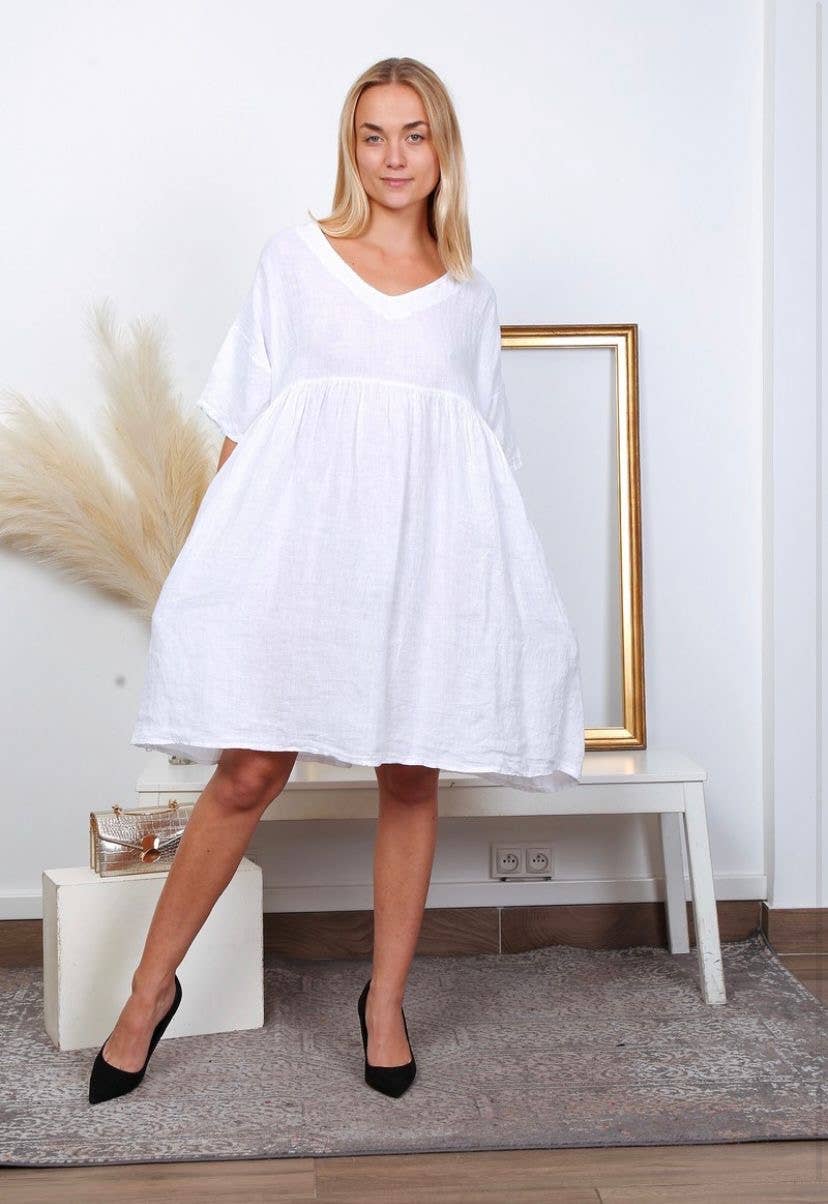 woman wearing Linen Babydoll Dress Mini Made in Italy - Taupe LUXAMORE 