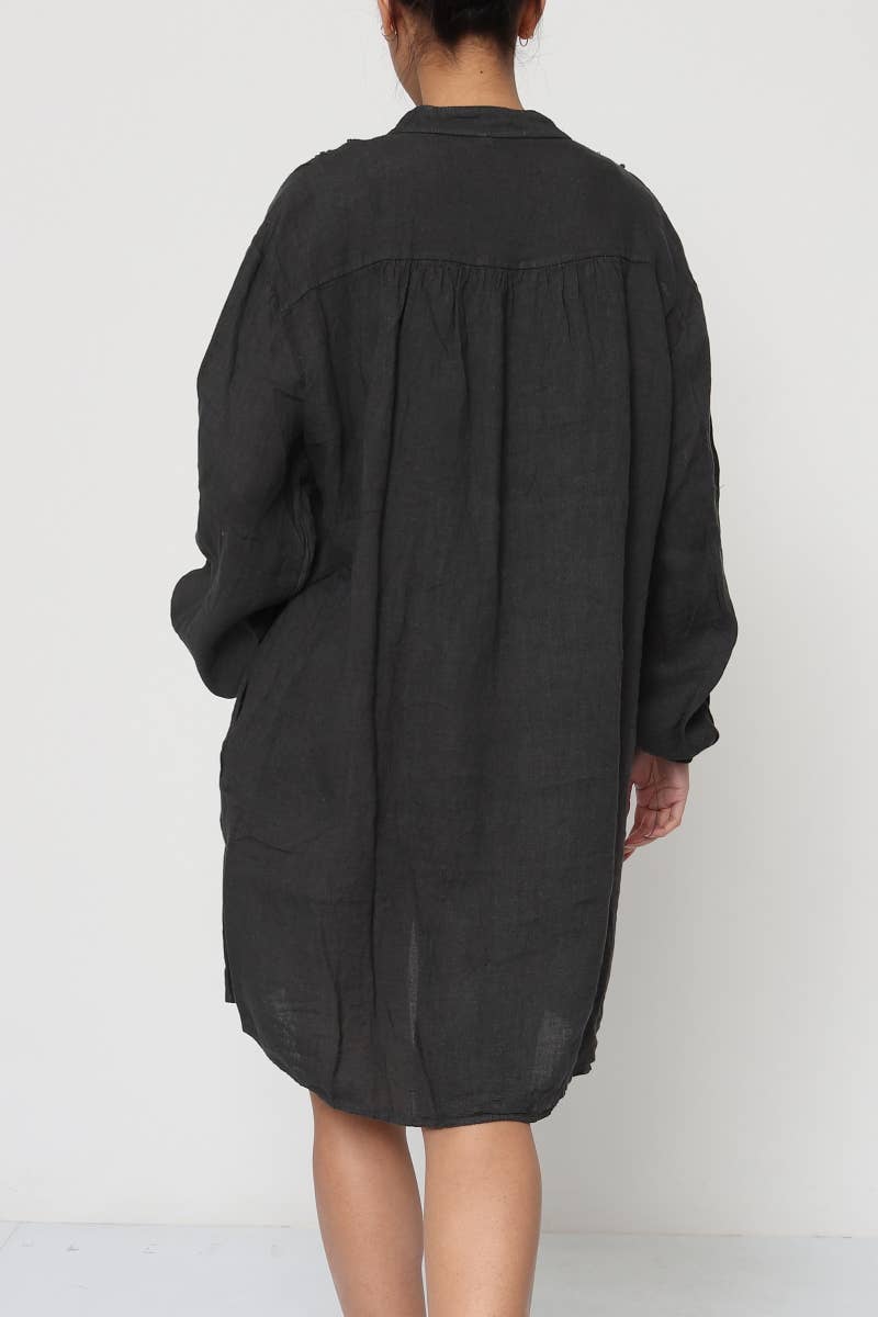woman wearing Linen Dress Mini Long Sleeve Made in Italy Charcoal Grey LUXAMORE 