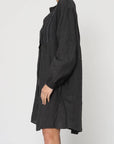 woman wearing Linen Dress Mini Long Sleeve Made in Italy Charcoal Grey LUXAMORE 