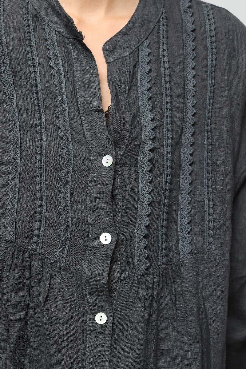 woman wearing Linen Dress Mini Long Sleeve Made in Italy Charcoal Grey LUXAMORE 