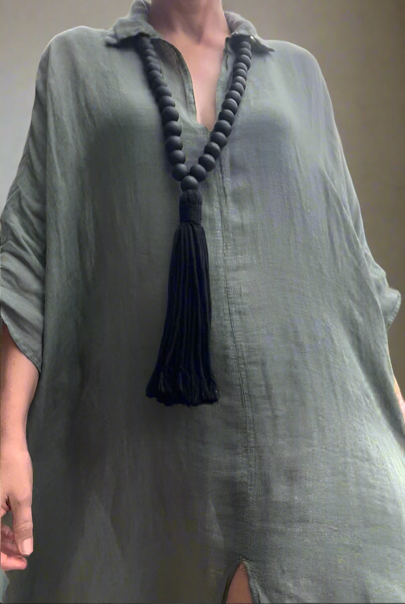 Woman Wearing Linen Dress Oversize Maxi Kaftan Made in Italy Olive - Dress LUXAMORE