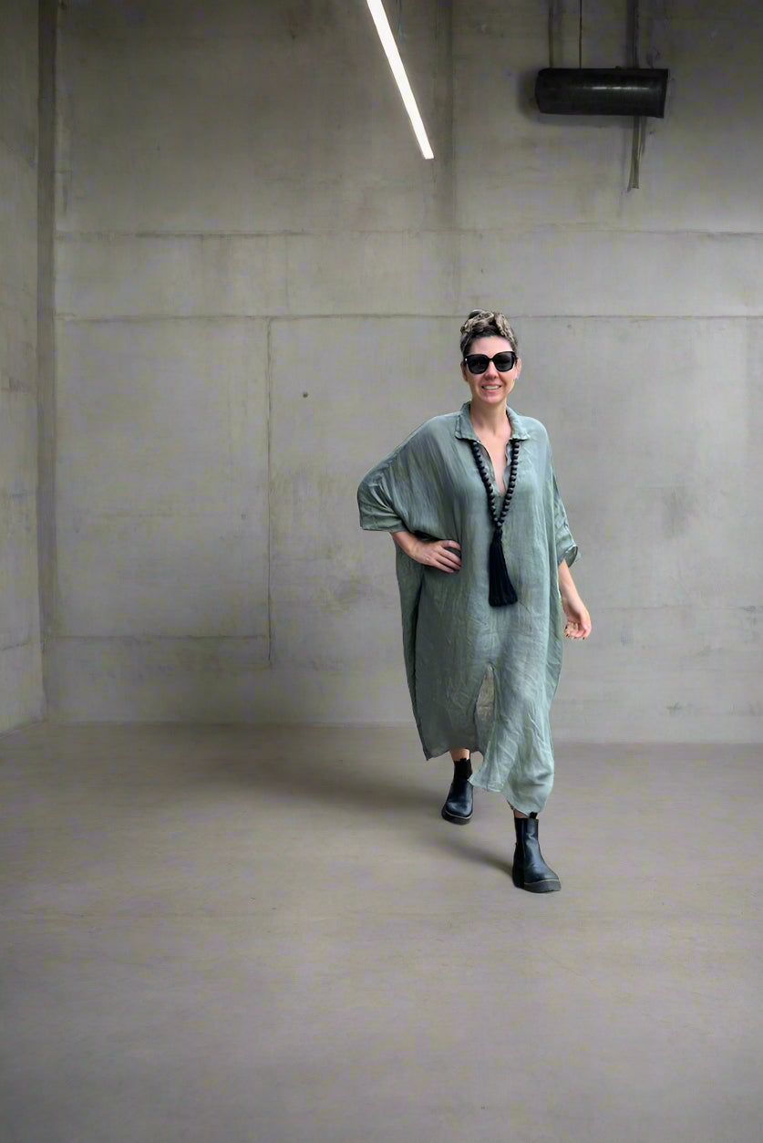 Woman Wearing Linen Dress Oversize Maxi Kaftan Made in Italy Olive - Dress LUXAMORE