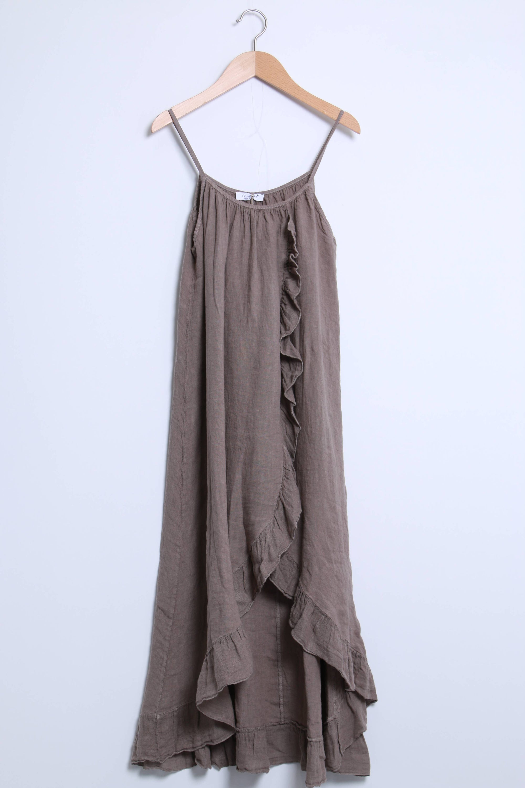 Woman Wearing Linen Dress Ruffled Thin Strap Maxi Made in Italy - Taupe - One Size - Dress LUXAMORE