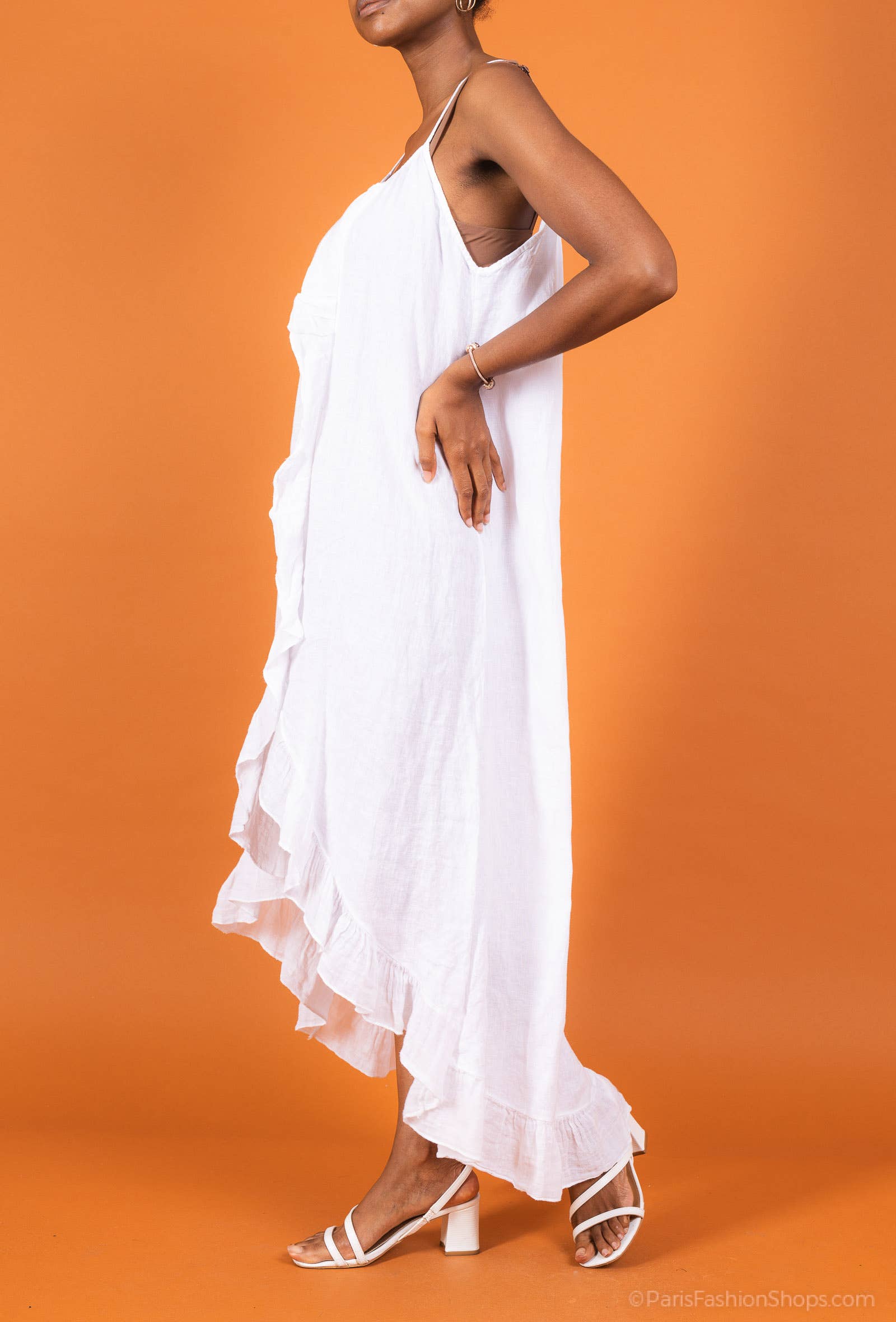 Woman Wearing Linen Dress Ruffled Thin Strap Maxi Made in Italy - Taupe - One Size - Dress LUXAMORE