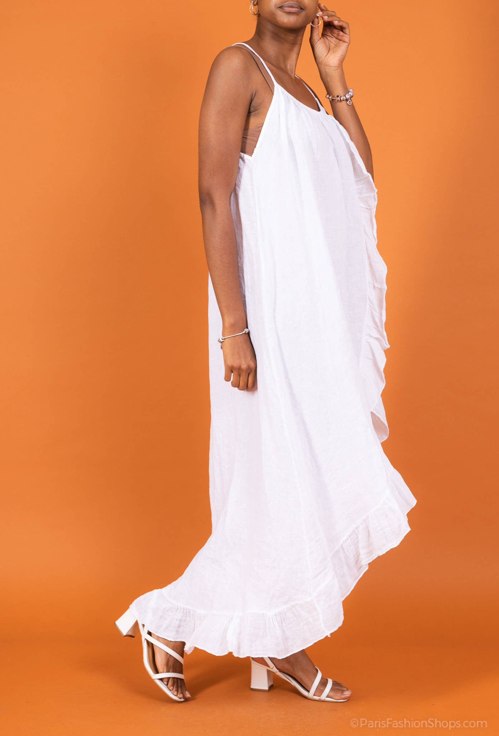 Woman Wearing Linen Dress Ruffled Thin Strap Maxi Made in Italy - Taupe - One Size - Dress LUXAMORE