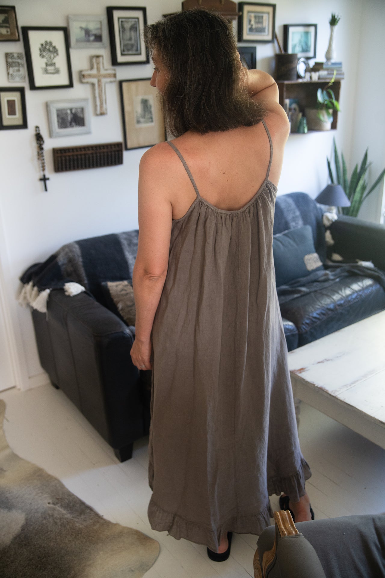 Woman Wearing Linen Dress Ruffled Thin Strap Maxi Made in Italy - Taupe - One Size - Dress LUXAMORE