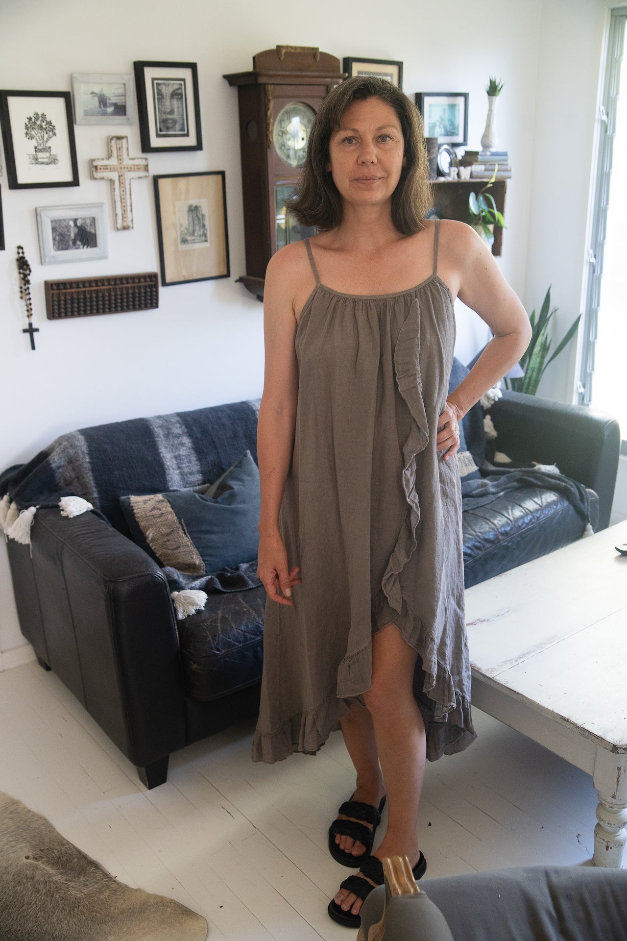 Woman Wearing Linen Dress Ruffled Thin Strap Maxi Made in Italy - Taupe - One Size - Dress LUXAMORE
