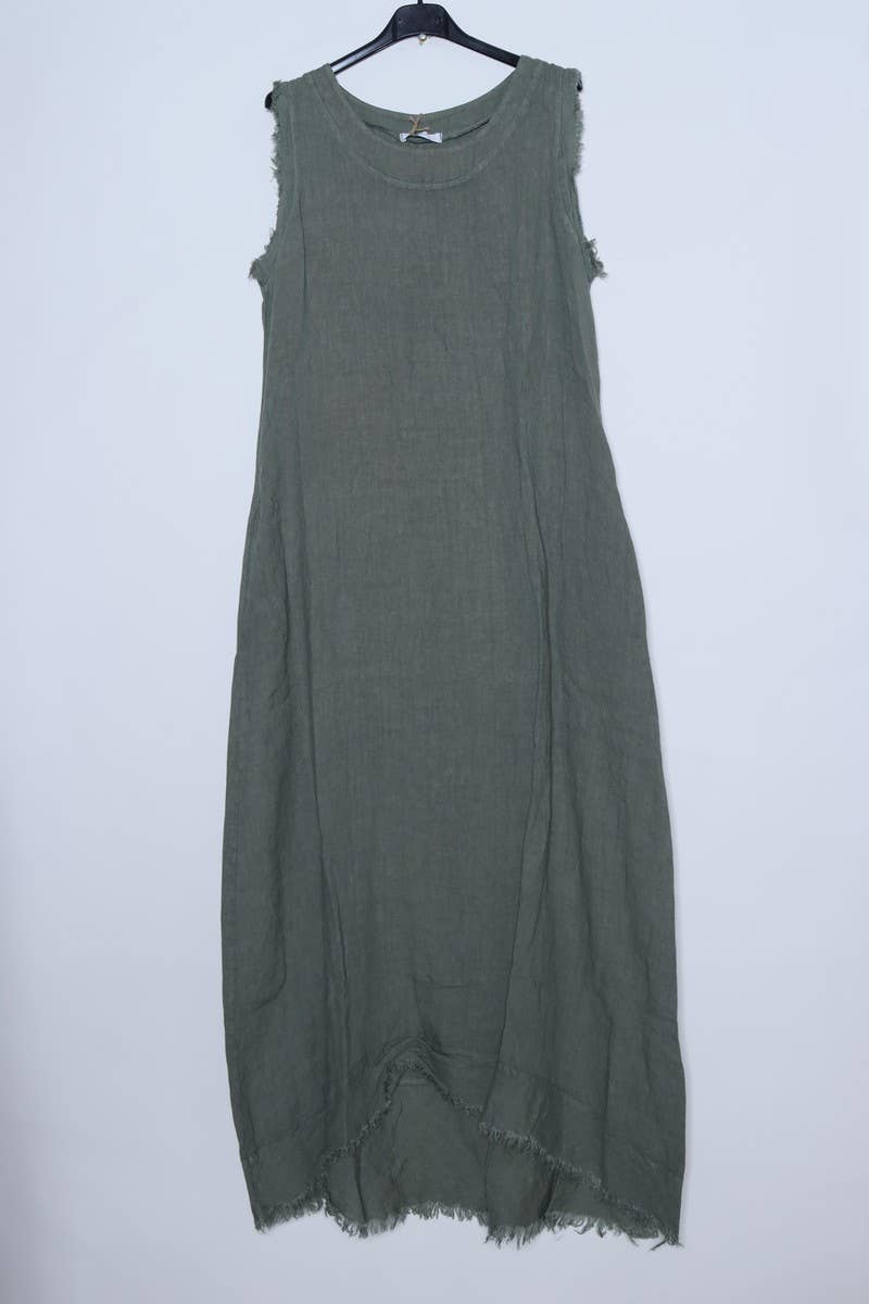 Woman Wearing Linen Dress Sleeveless Raw Edge, Maxi Made in Italy Khaki - Dress LUXAMORE