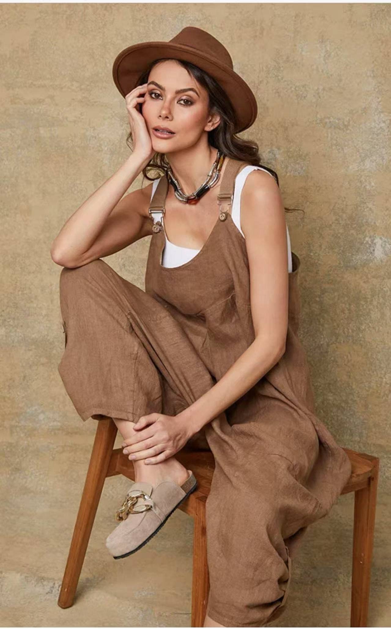 woman wearing Linen Jumpsuit Made in Italy Tobacco LUXAMORE 