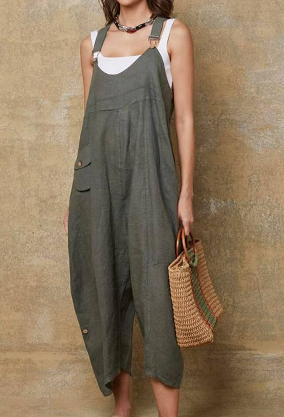 woman wearing Linen Jumpsuit Made in Italy Tobacco LUXAMORE 