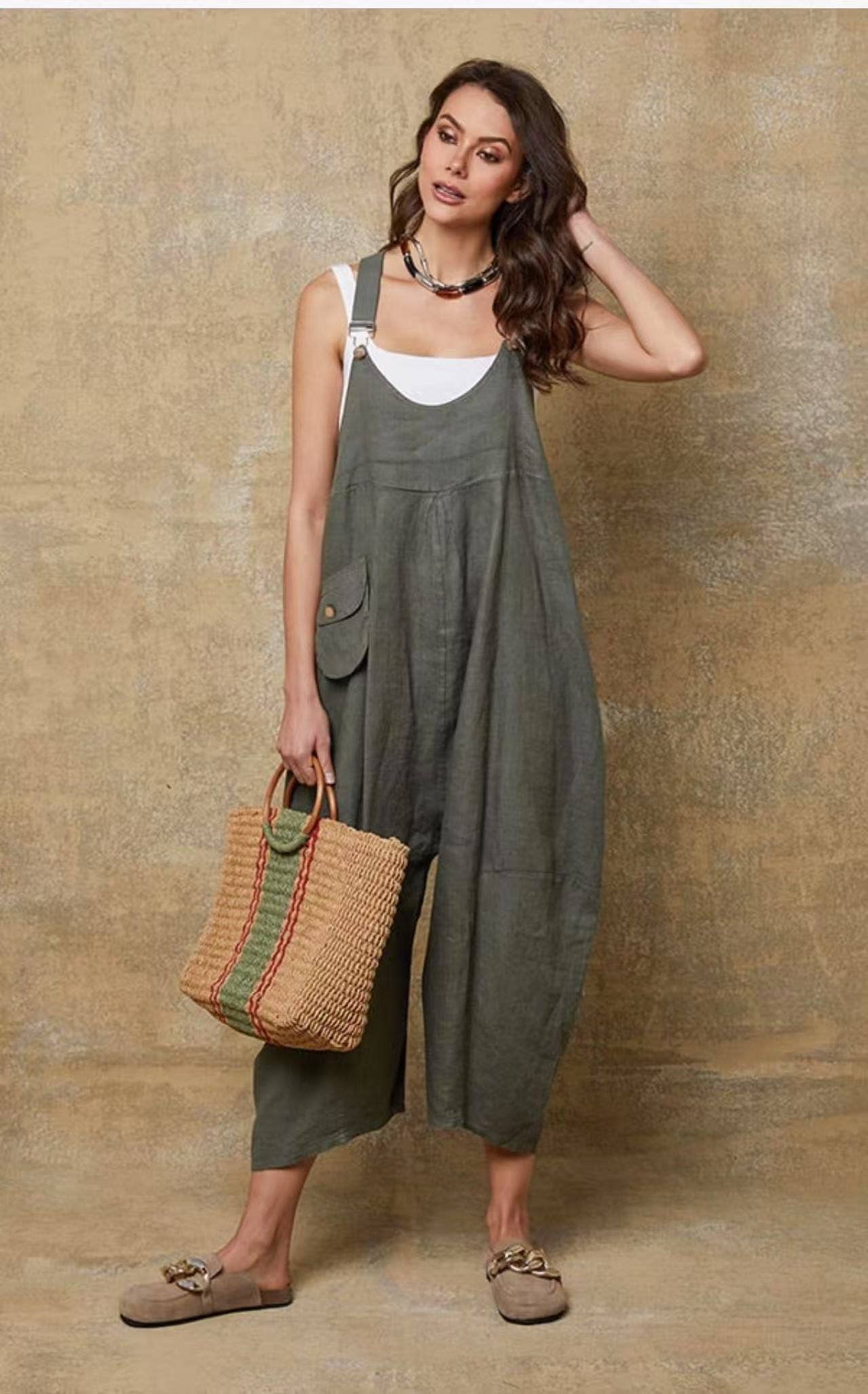 woman wearing Linen Jumpsuit Made in Italy Tobacco LUXAMORE 