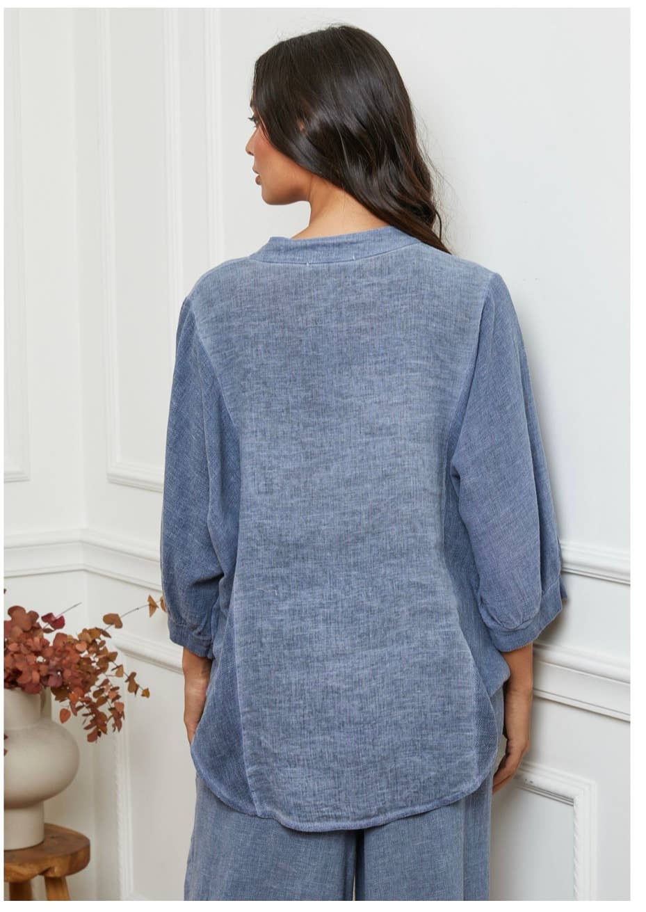 Linen Shirt Grandpa Collar Button up - Made In Italy - Charcoal Grey worn by model in natural setting LUXAMORE 