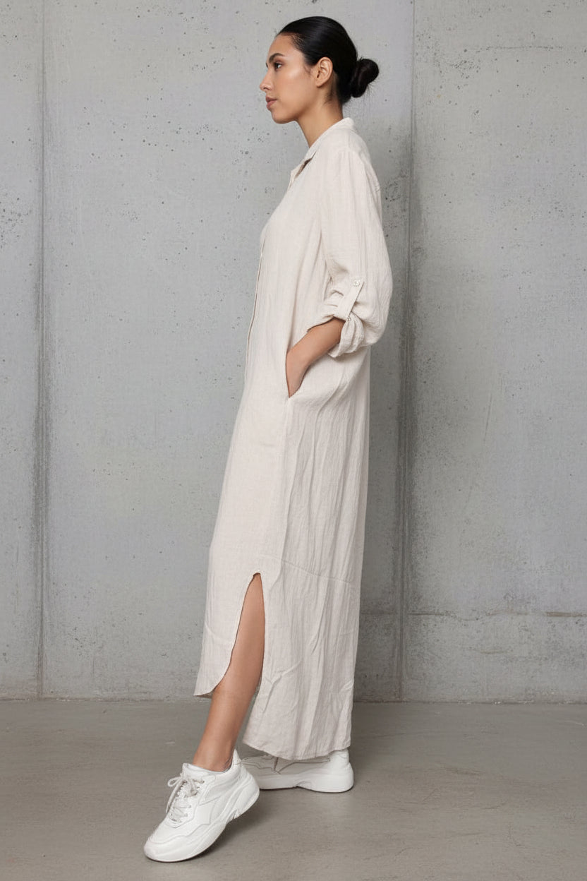 Woman Wearing Linen Shirtdress, Button-Up, Maxi Made in Italy Beige - Dress LUXAMORE