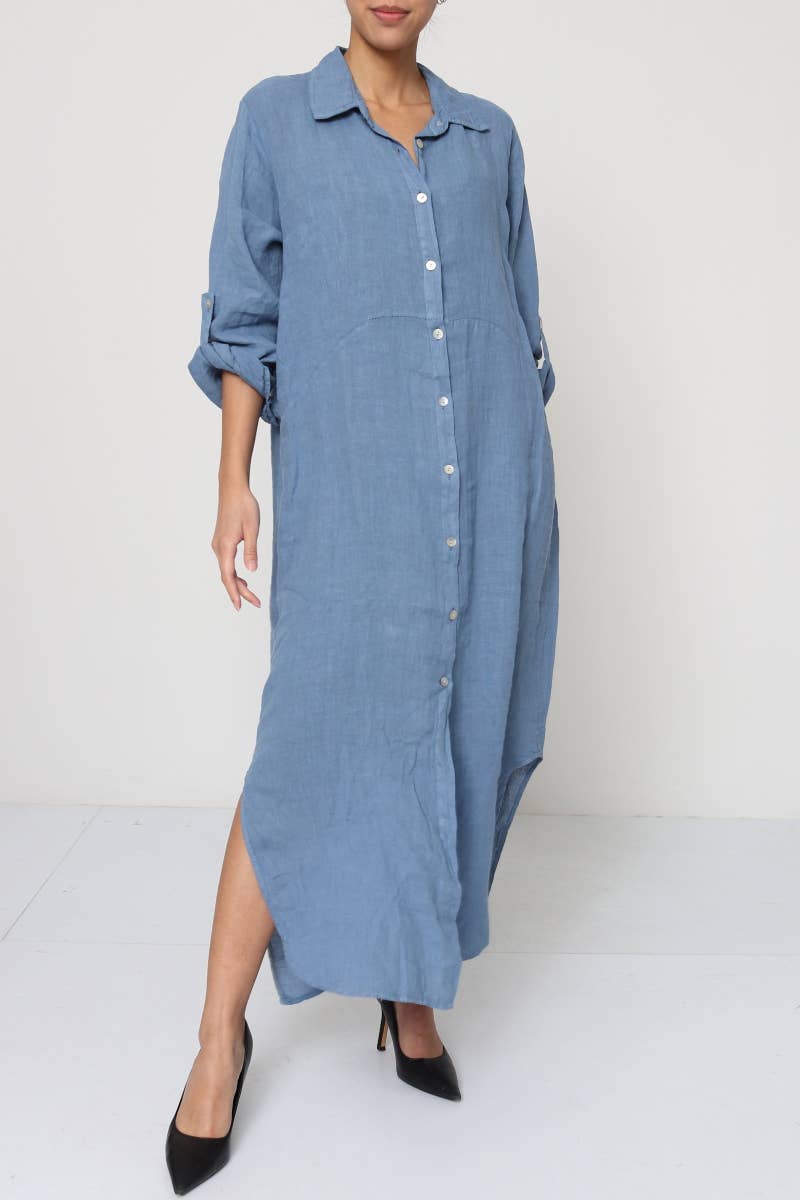 Linen Shirtdress, Button-Up, Maxi Made in Italy Black worn by model in natural setting LUXAMORE 
