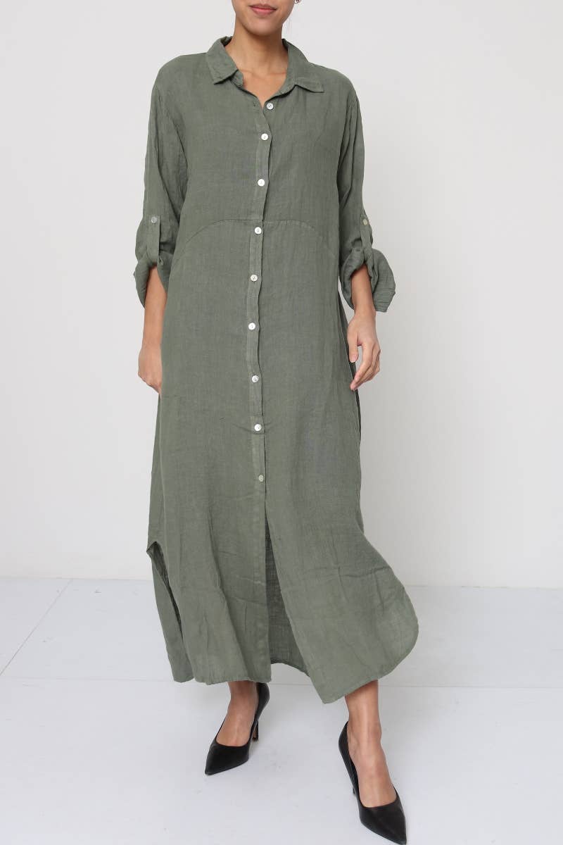 Woman Wearing Linen Shirtdress, Button-Up, Maxi Made in Italy Khaki -  LUXAMORE