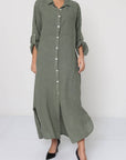 Woman Wearing Linen Shirtdress, Button-Up, Maxi Made in Italy Khaki -  LUXAMORE