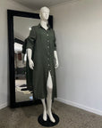 Woman Wearing Linen Shirtdress, Button-Up, Maxi Made in Italy Khaki -  LUXAMORE