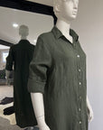 Woman Wearing Linen Shirtdress, Button-Up, Maxi Made in Italy Khaki -  LUXAMORE