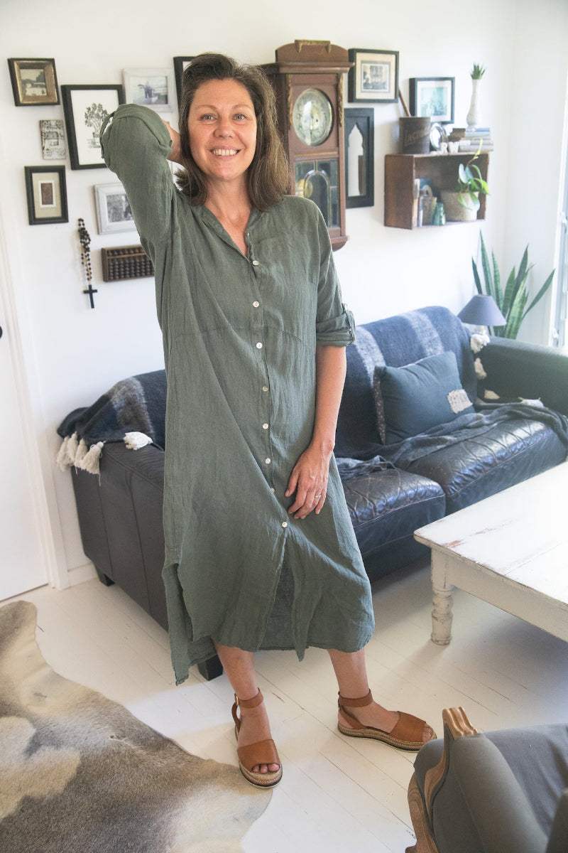Linen Shirtdress, Button-Up, Maxi Made in Italy Khaki worn by model in natural setting LUXAMORE 