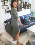 Woman Wearing Linen Shirtdress, Button-Up, Maxi Made in Italy Khaki -  LUXAMORE