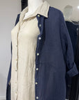 Woman Wearing Linen Shirtdress, Button-Up, Maxi Made in Italy Navy - Dress LUXAMORE