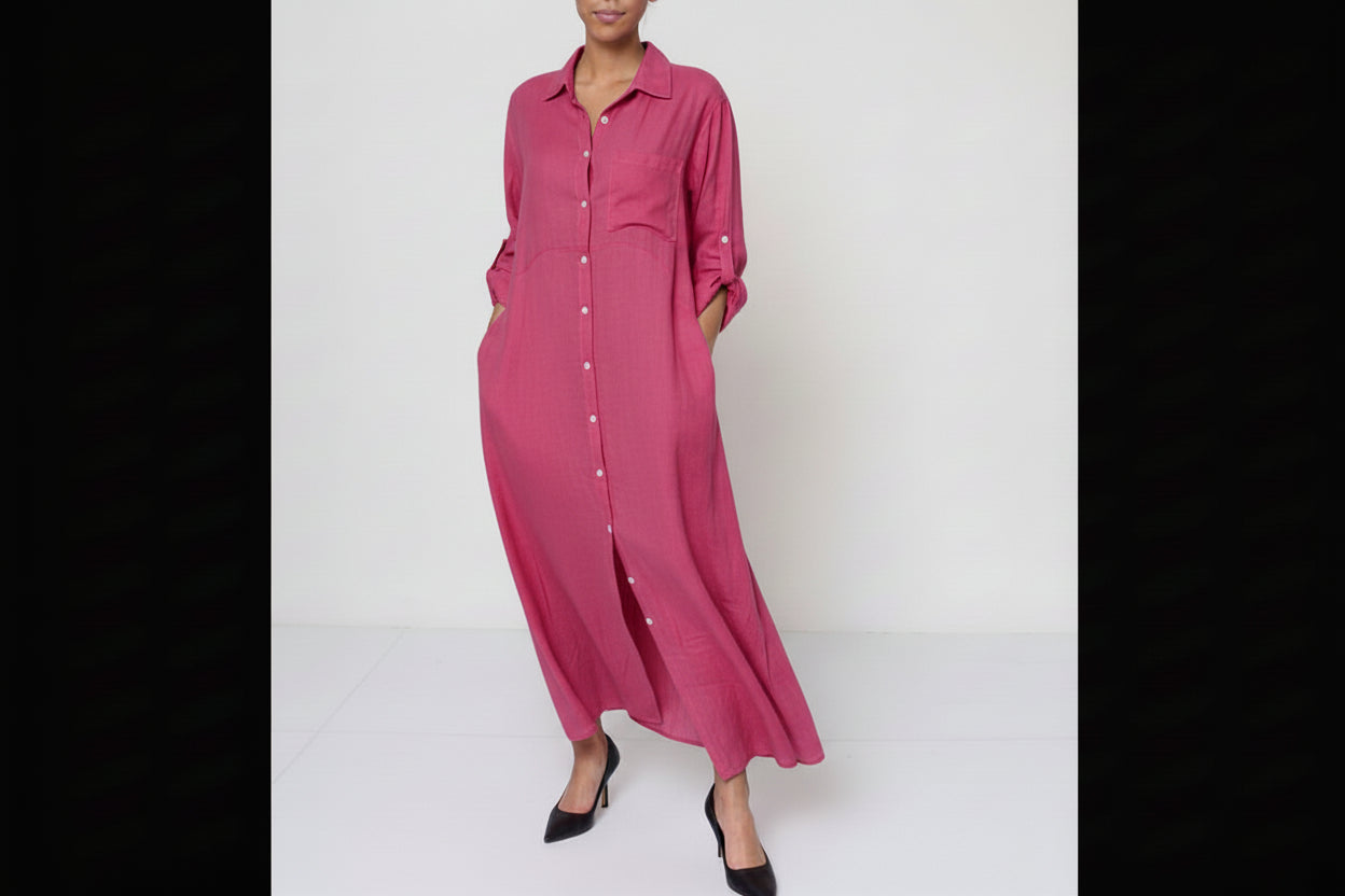 Linen Shirtdress, Button-Up, Maxi Made in Italy fuscia worn by model in natural setting LUXAMORE 