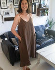 Woman Wearing Linen Slip Dress Made in Italy Brown - Dress LUXAMORE