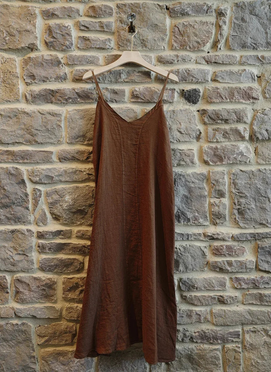 Linen Slip Dress Midi Made in Italy Chocolaate LUXAMORE  