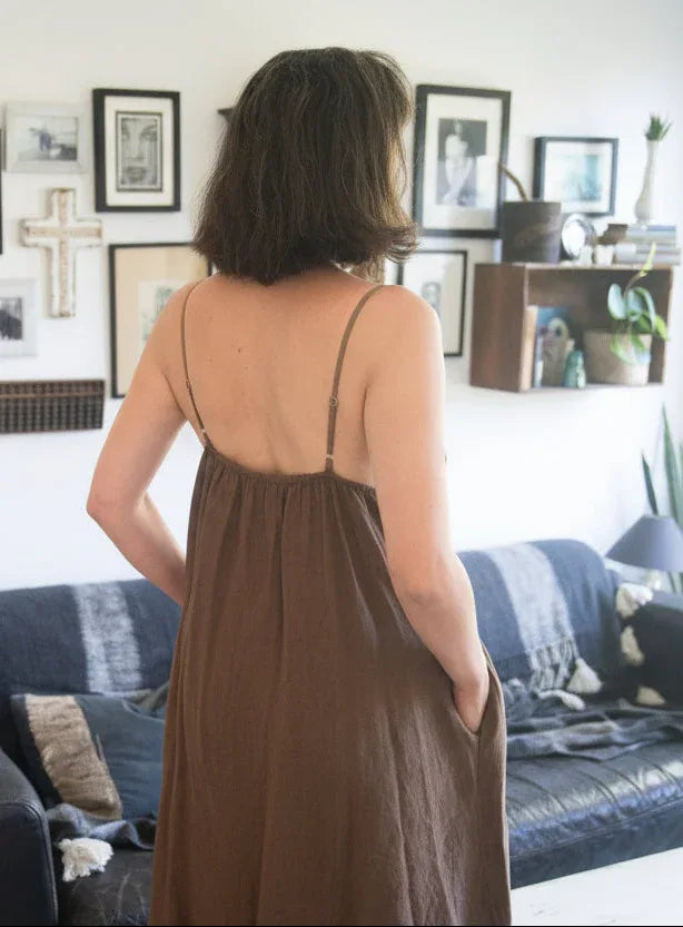 Linen Slip Dress Midi Made in Italy Chocolaate LUXAMORE  