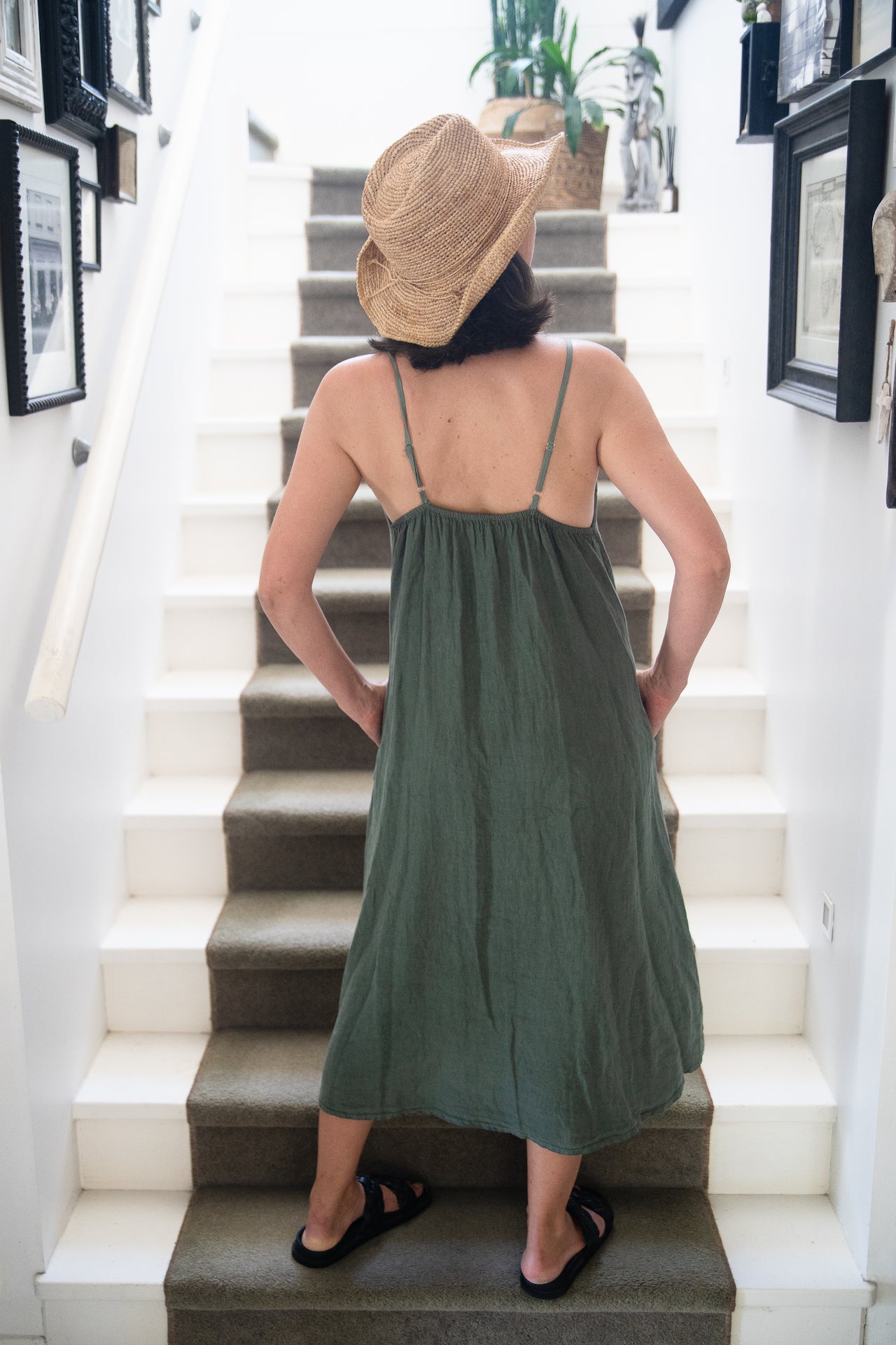 Woman Wearing Linen Slip Dress Midi Made in Italy Khaki - Dress LUXAMORE