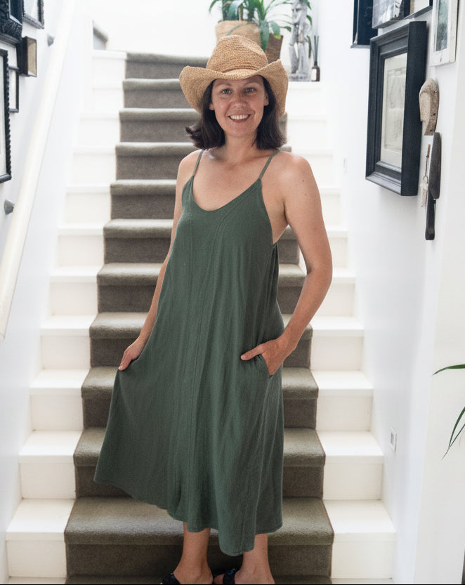 Woman Wearing Linen Slip Dress Midi Made in Italy Khaki - Dress LUXAMORE