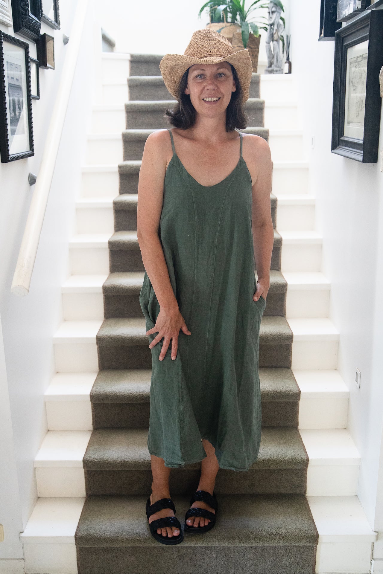 Woman Wearing Linen Slip Dress Midi Made in Italy Khaki - Dress LUXAMORE