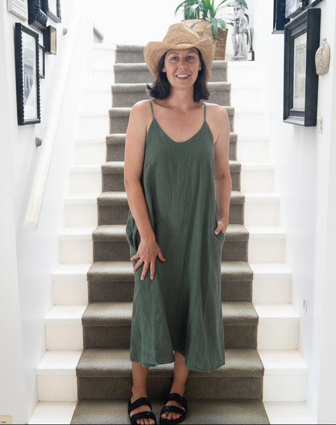 Woman Wearing Linen Slip Dress Midi Made in Italy Khaki - Dress LUXAMORE