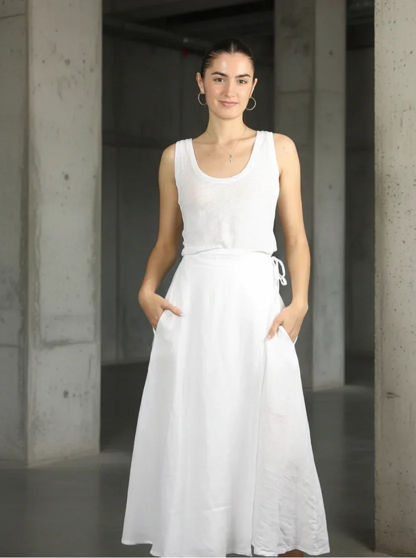 Linen Wrap Skirt With Pockets Made in Italy White LUXAMORE  