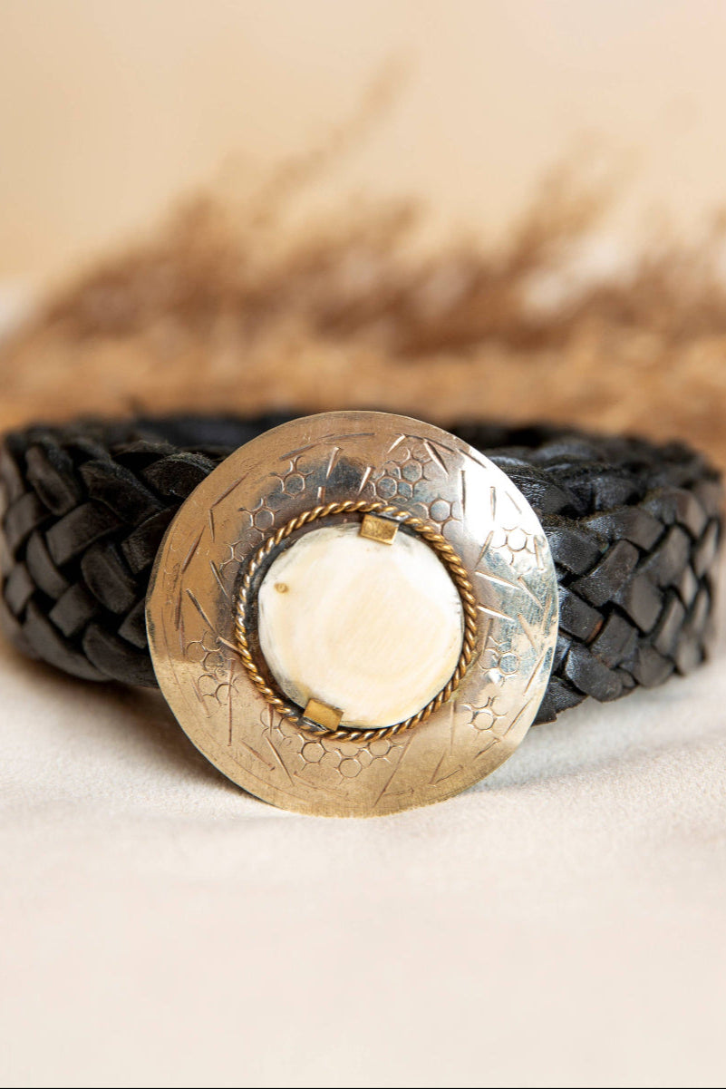 Lula Natura Narrow Neptune Black Leather Belt - LUXAMORE -Belt-Braided Leather Belt – Black Handcrafted in Spain, this braided genuine leather belt features a round brass buckle adorned with pearly stones in two unique shades. 