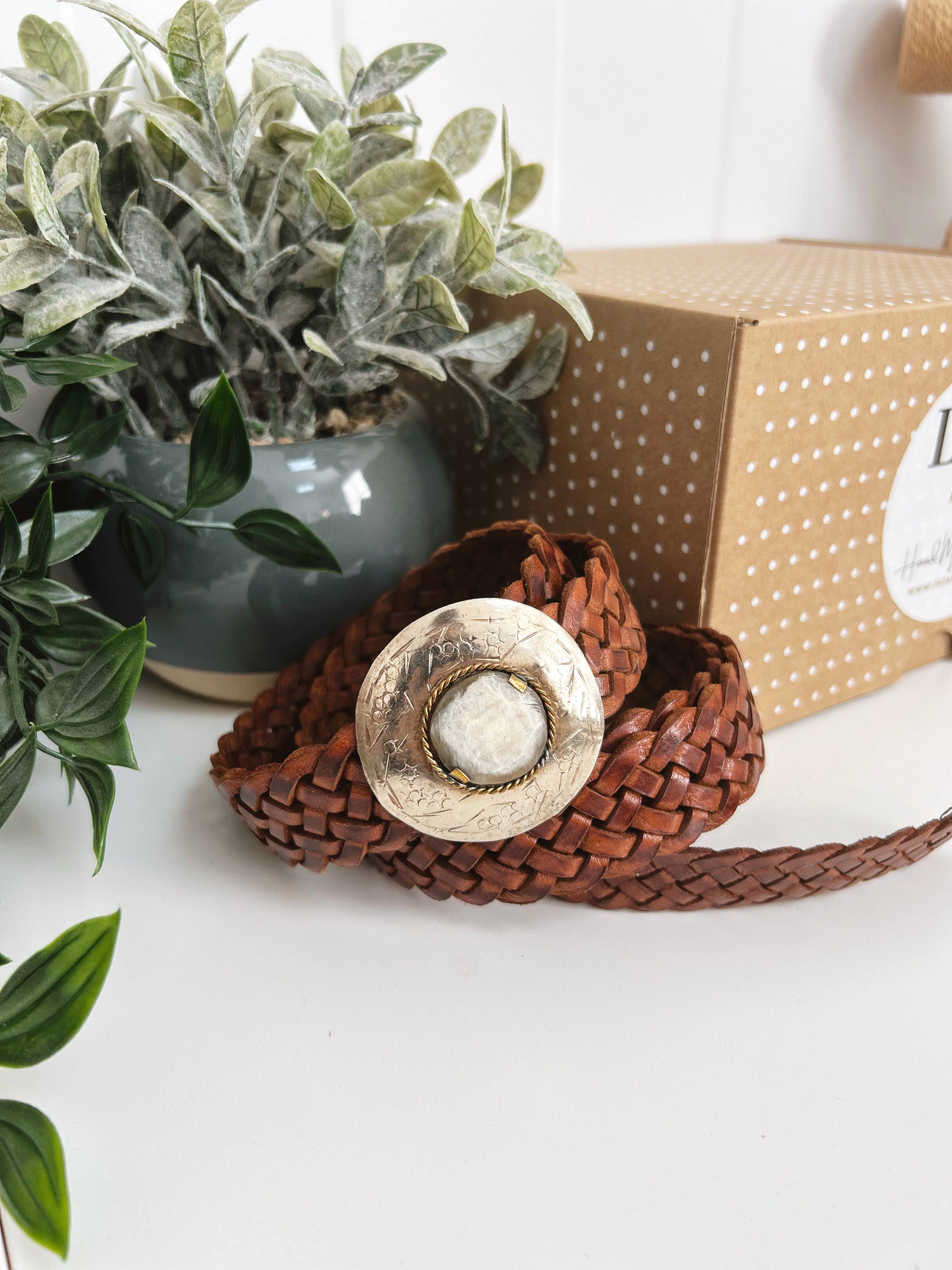 Lula Natura Narrow Neptune Brown Leather Belt - LUXAMORE -Belt-Lula Natura Narrow Neptune Brown Leather Belt Genuine Braided leather, its round brass and pearly stone buckle is hand made in spain with love. 