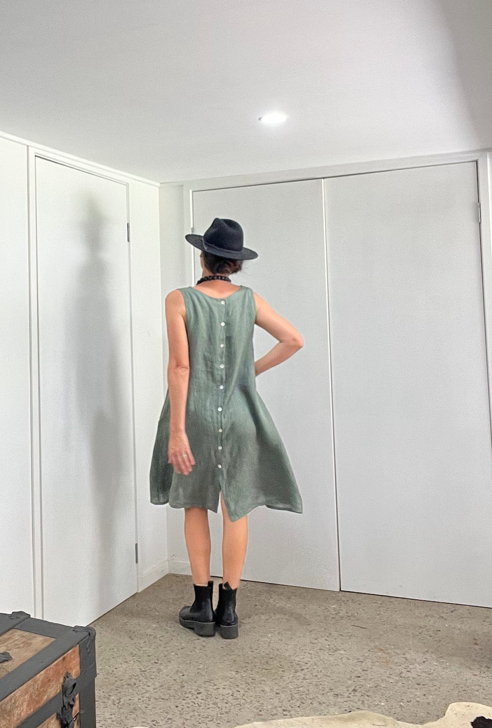 Made in Italy Cascade Linen Dress Olive - LUXAMORE -Dress-LUXAMORE Cascade Linen Dress breathable; with pockets, buttons and a longer back is a timeless wardrobe essential. Shop Italian linen dresses made in italy.