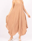 Woman Wearing Linen Dress Maxi Made in Italy - Camel - One size - Dress LUXAMORE