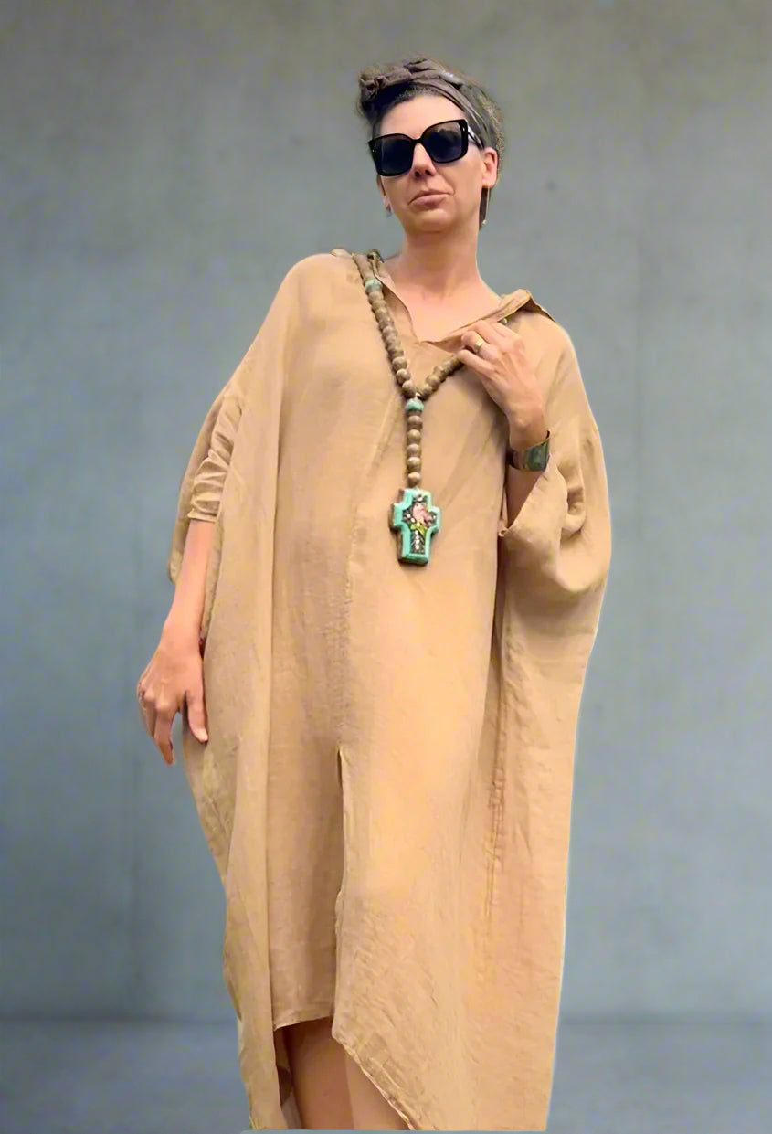 Made in Italy Resort Linen Kaftan Caramel - LUXAMORE -Dress-Elegant Italian made linen dress with an oversized kaftan fit. Lightweight, breathable, and perfect for effortless style all year round.