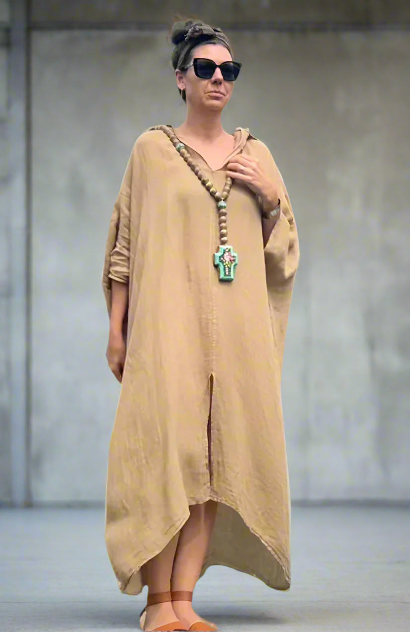 Made in Italy Resort Linen Kaftan Caramel - LUXAMORE -Dress-Elegant Italian made linen dress with an oversized kaftan fit. Lightweight, breathable, and perfect for effortless style all year round.