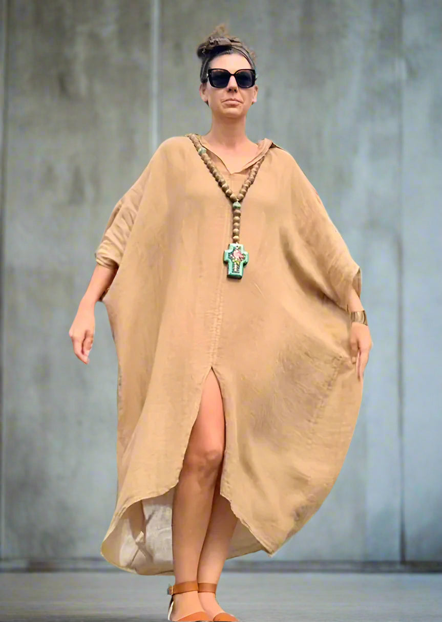Made in Italy Resort Linen Kaftan Caramel - LUXAMORE -Dress-Elegant Italian made linen dress with an oversized kaftan fit. Lightweight, breathable, and perfect for effortless style all year round.