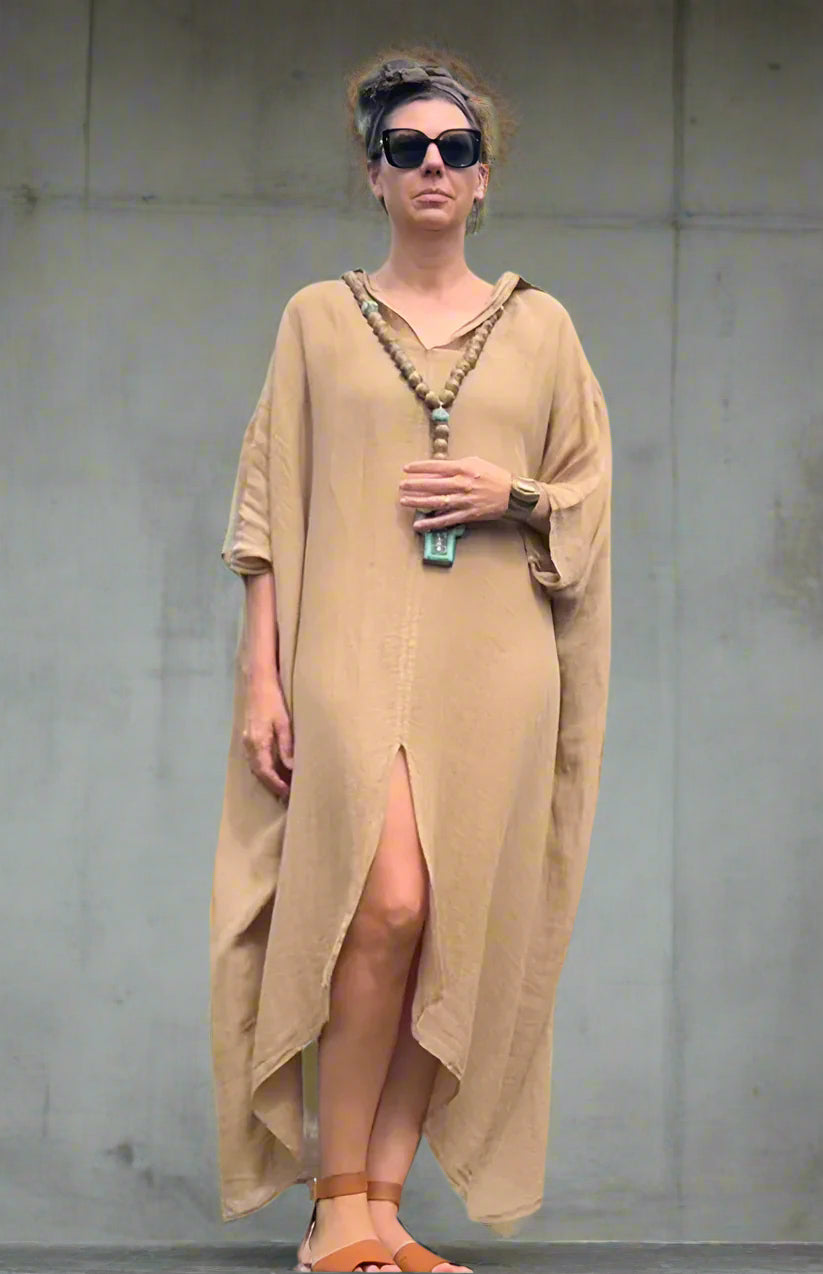 Made in Italy Resort Linen Kaftan Caramel - LUXAMORE -Dress-Elegant Italian made linen dress with an oversized kaftan fit. Lightweight, breathable, and perfect for effortless style all year round.