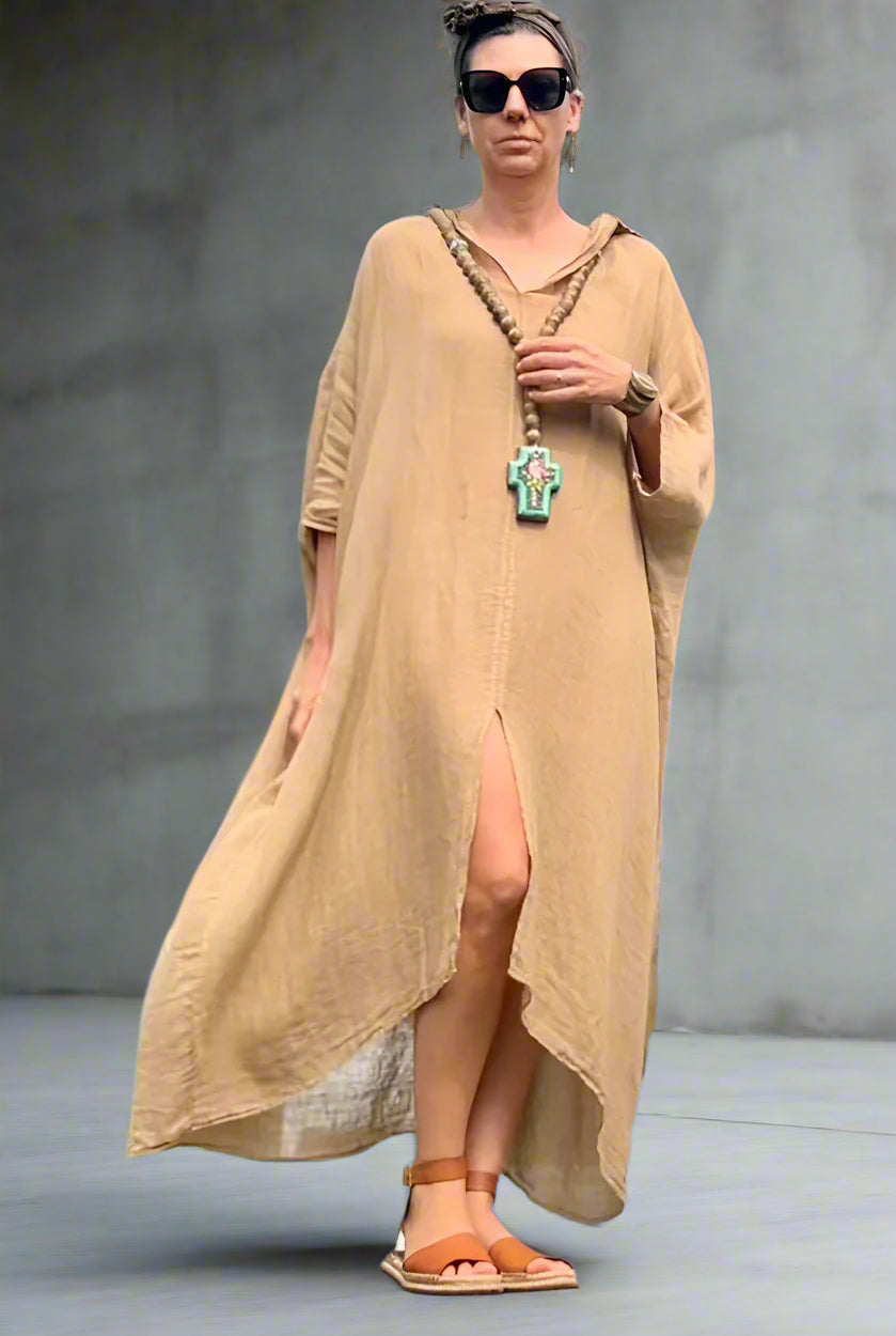 Made in Italy Resort Linen Kaftan Caramel - LUXAMORE -Dress-Elegant Italian made linen dress with an oversized kaftan fit. Lightweight, breathable, and perfect for effortless style all year round.