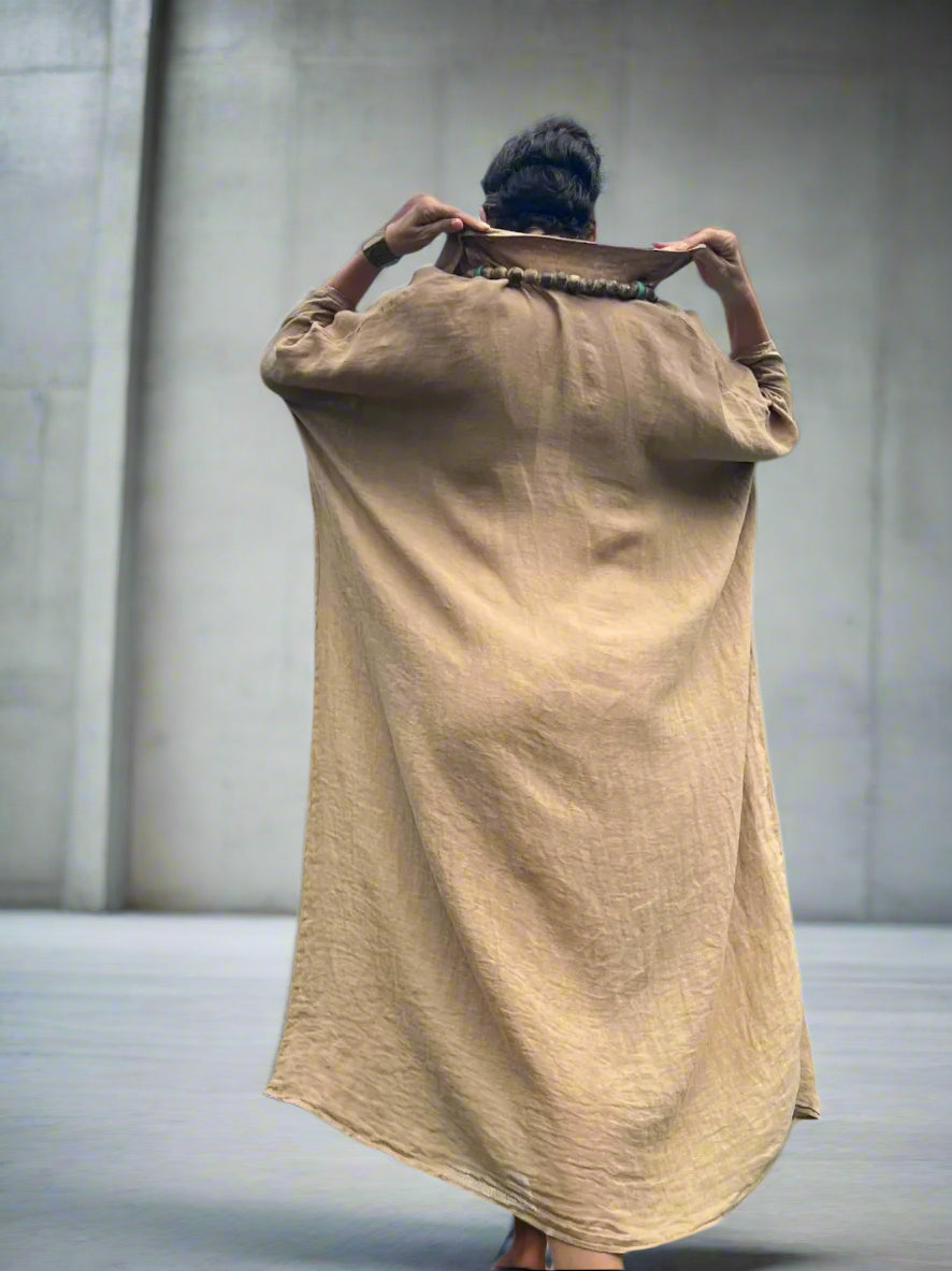 Made in Italy Resort Linen Kaftan Caramel - LUXAMORE -Dress-