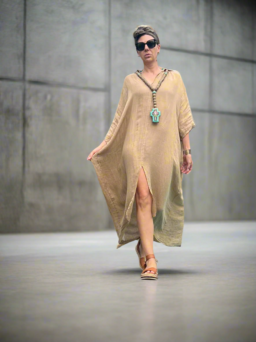 Made in Italy Resort Linen Kaftan Caramel - LUXAMORE -Dress-